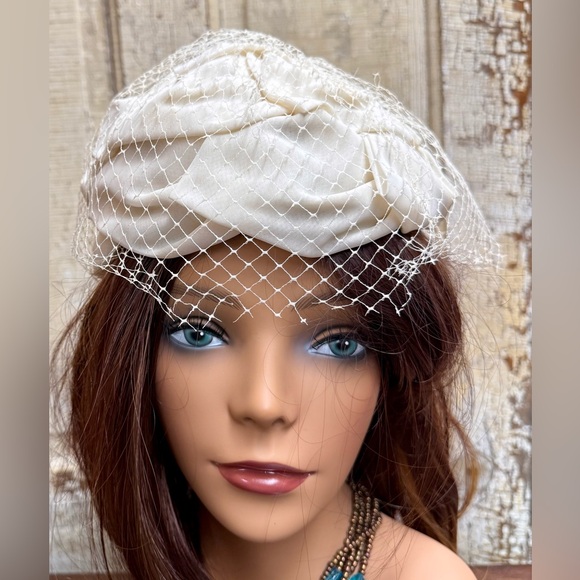 Vintage Accessories - Vintage Ivory Satin Pillbox Hat with Veil Bridal Special Occasion